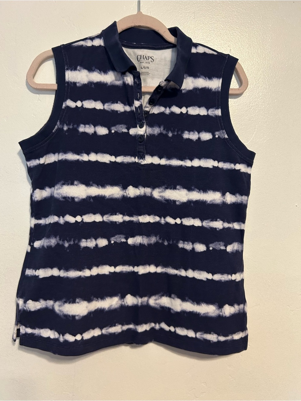 Chaps Navy and White Tie-Dye Sleeveless Polo